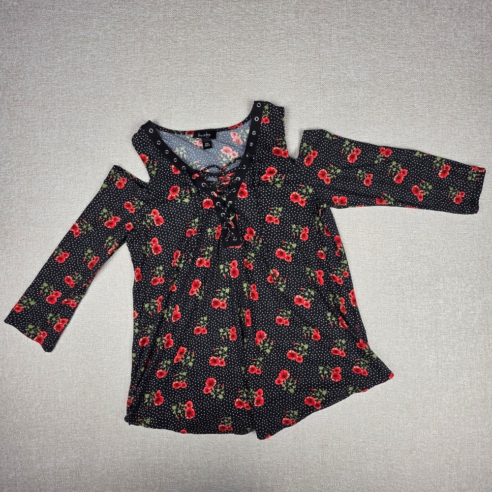 By & By Womens XXL Cold Shoulder‎ Top Floral Polka Dot Lace Up Grommet Black Red